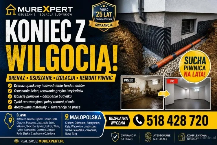Drenaż fundamentów, osuszanie, izolacja, remonty piwnic Śląsk / Małopolska
